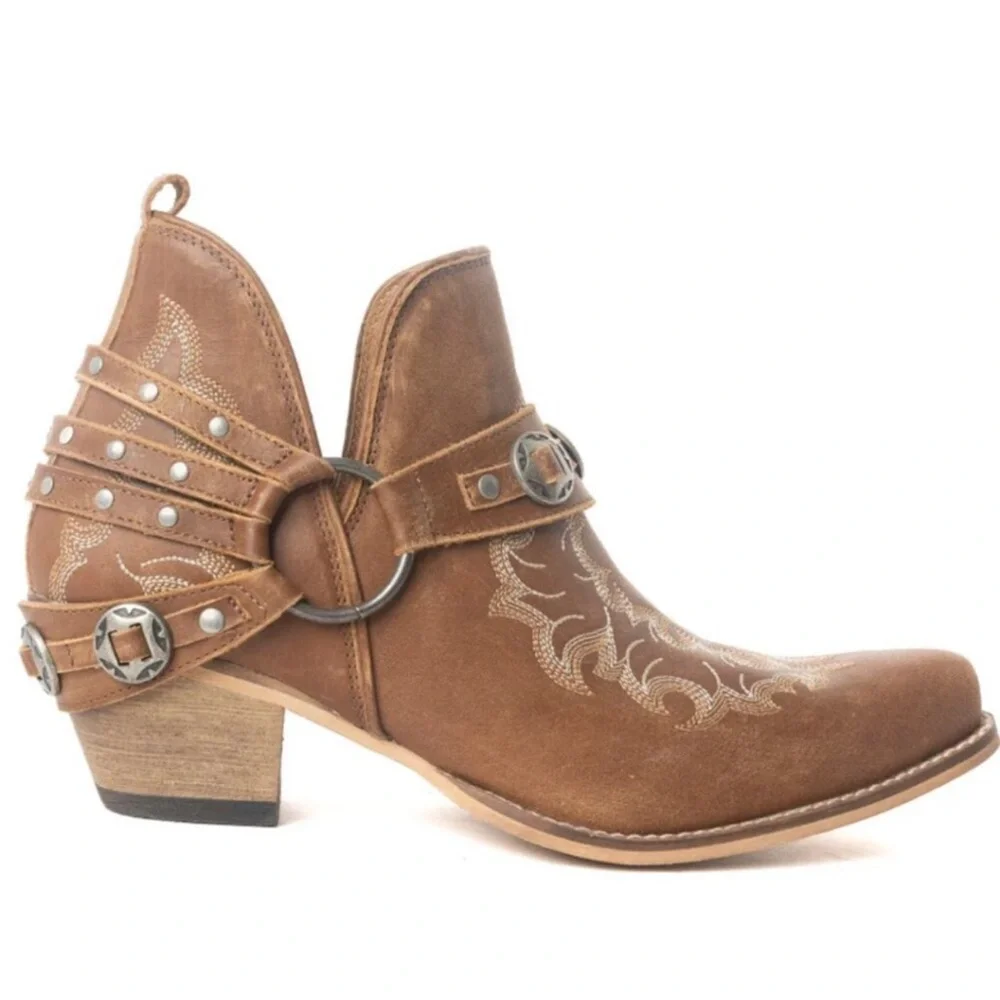 MYRA BAG Western Ember Leather Embroidered Brown Booties NWT - Picture 2 of 3